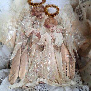 CHRISTMAS ANY TIME SISTERS ANGEL*HANDMADE*GOLDEN WINGS*GERMAN GLITTER*FIR TREE